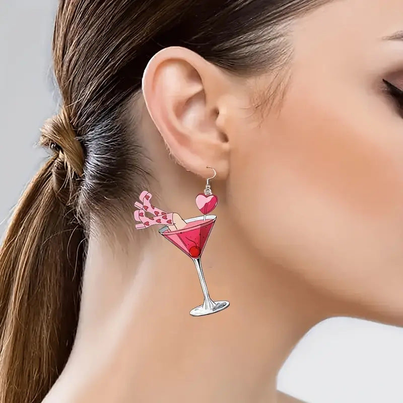 Wholesale Valentine's Day Limited Pink Heart Wine Glass Acrylic Party Creative Design Earrings